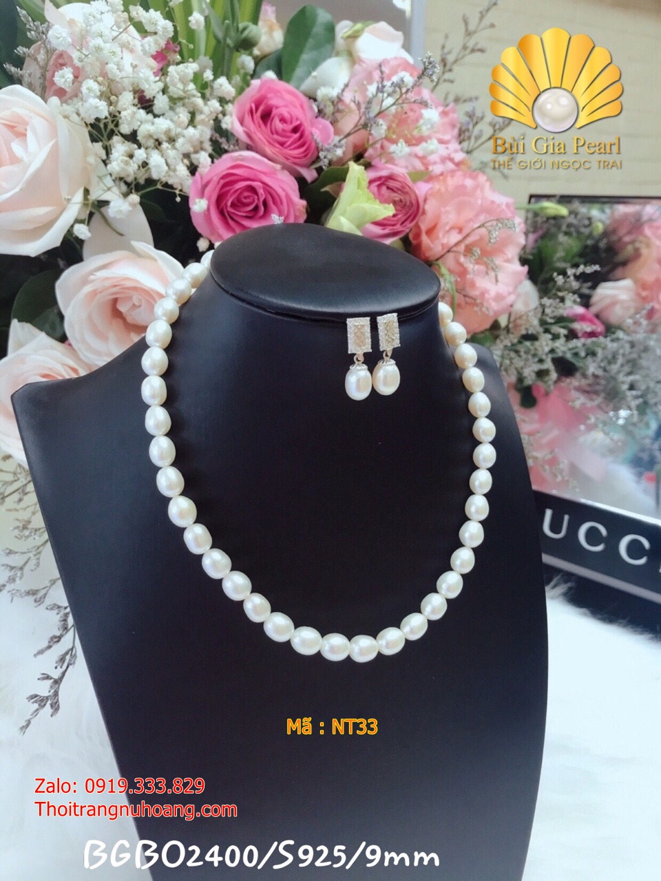 Set Vòng Cổ Ngọc Trai Giọt Nước + Hoa Tai Ngọc giọt cao cấp 9li, hoa tai chế tác bạc NT33